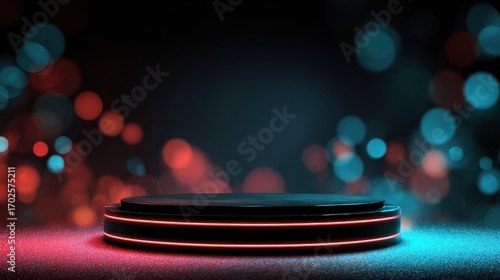 Beautiful photo of empty podium bulu on black background with light neon effects with bokeh decorations.