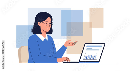 Professional Lady Explaining Statistical Analysis From Laptop During Detailed Presentation