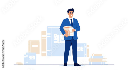 Professional Lawyer With Legal Paperwork Standing In Front Of Law Books Preparing