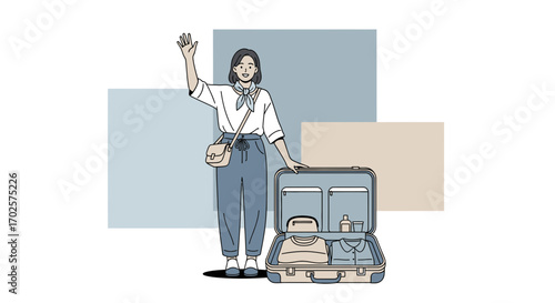 Smiling Woman Prepares Luggage for Travel and Waves Goodbye Beautifully