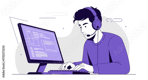 Professional Person Working Diligently With Headphones and Computer in Modern Minimalistic Style