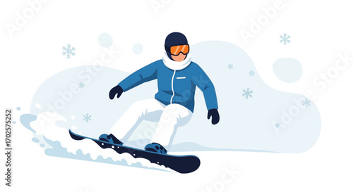Snowboarder Carving Down a Snowy Slope Under a Light Snowfall in Winter Season
