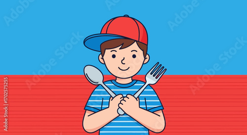 Smiling Youngster Holding Utensils, Cartoonish Illustration, Ready For Food, Vibrant Background
