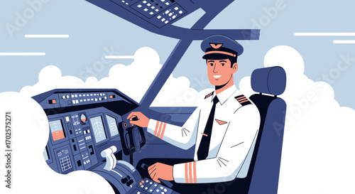 Professional Pilot at Work in Modern Airplane Cockpit Taking Flight, A Confident Flight