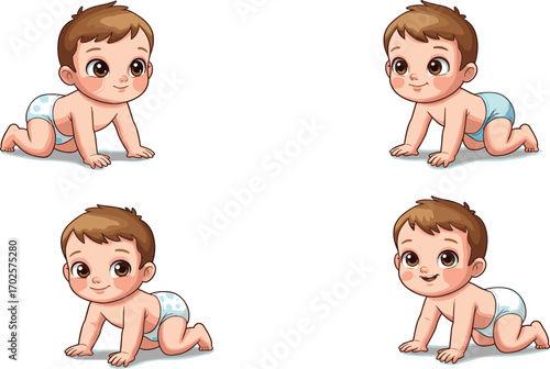 Cute crawling baby boy in diaper cartoon vector illustration with happy expression, playful pose, adorable character design for children content.
