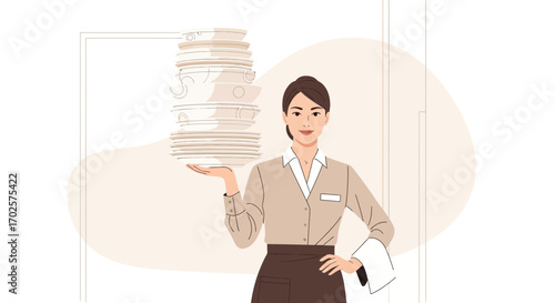 Professional Waitress Balancing Dishes Delicately, Exemplifying Service and Culinary Excellence
