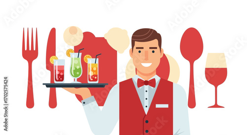 Professional Server Presenting Refreshing Cocktails and Elegant Dinnerware for Fine Dining