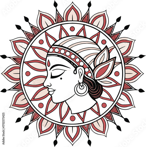 Elegant Indian woman in traditional jewelry and mandala design, perfect for spiritual art