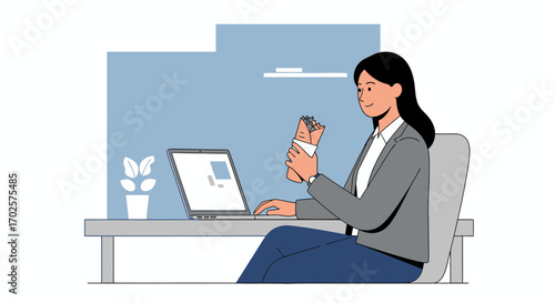 Professional Woman Having Lunch While Working at Office, Vector Illustration