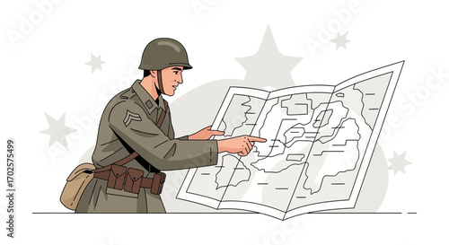 Soldier Examining Map, Planning Military Tactics, and Strategic Analysis of Battlefield