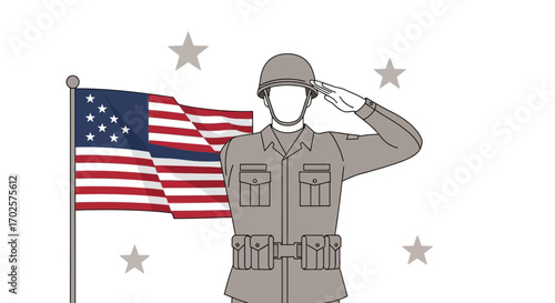 Soldier Saluting Beside American Flag, Patriotic Illustration on a White Background