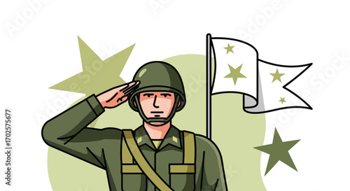 Soldier Saluting With Flag And Stars, Respect And Patriotism Vector Illustration