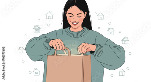 Purchasing Happiness: Woman Smiles Opening a Gift Bag with Tiny House Illustrations