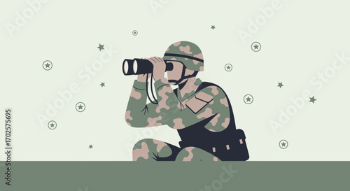 Soldier Utilizing Binoculars To Observe The Landscape And Secure Its Position