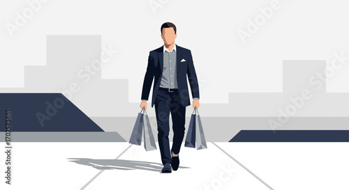 Sophisticatedly Dressed Man With Shopping Bags Walking Confidently In Urban Setting
