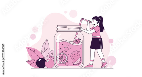 Refreshing Beverage Enjoyed by Young Woman, Colorful Illustration of Summer Drink