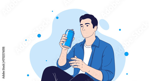 Refreshing Beverage Enjoyment Young Man in Casual Outfit Holding a Soda Can