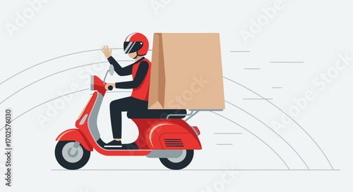 Speedy Delivery Service Rider Carrying Package on Retro Red Scooter in Motion