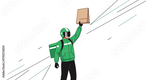 Speedy Food Delivery Man Holding a Bag with a Helmet Against a White Backdrop