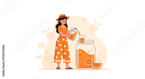 Refreshing Orange Juice Scene Depicting a Woman Preparing and Serving a Summer Drink