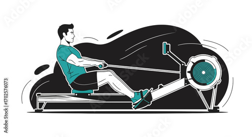 Sportive Man Exercising Rowing Machine In Graphic Style, Perfect For Fitness Designs