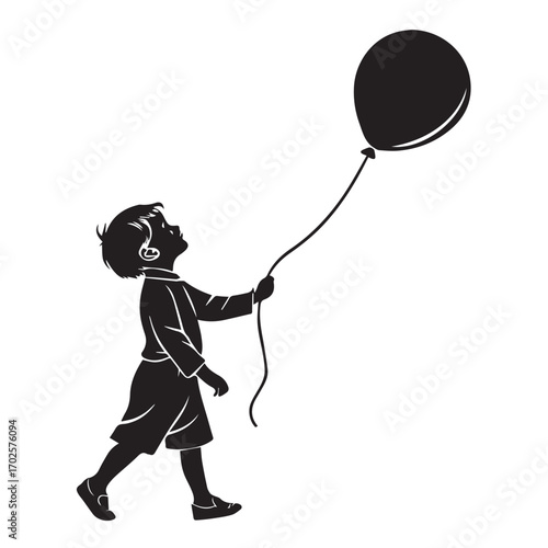 Silhouette of a young boy holding a balloon, isolated on white background