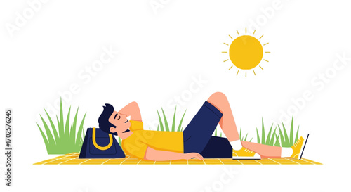 Relaxed Individual Enjoys Sun, Surrounded By Nature, Taking A Rest, Unburdened And Peaceful