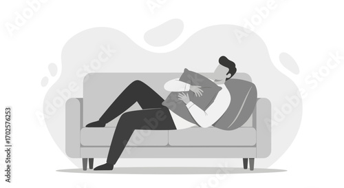 Relaxed Individual Resting on a Couch, Embracing a Pillow in Monochrome Illustration