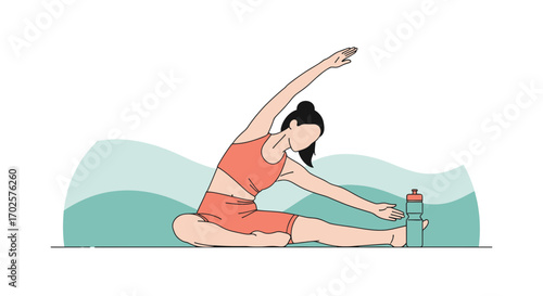 Stretching And Workout Illustrated Design With Woman Doing Exercises And Bottle