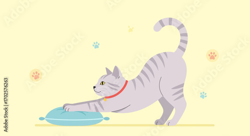 Stretching Cat Embracing a Cushion in a Playful Animated Illustration
