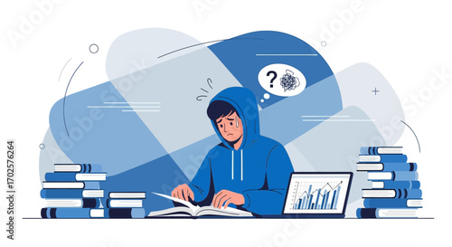 Stressed Student Overwhelmed With Study Materials Facing Academic Pressure and Challenging Tasks