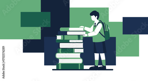 Student Arranging Stack Of Books: Education, Learning, Knowledge, School, And Studying