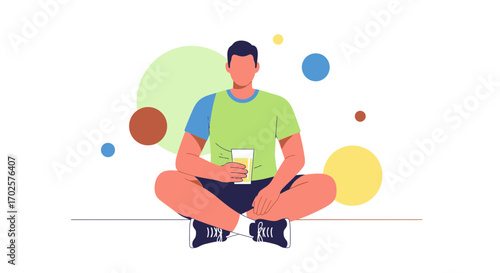 Relaxed Person Sitting and Holding a Drink with Geometric Background and Colorful Elements