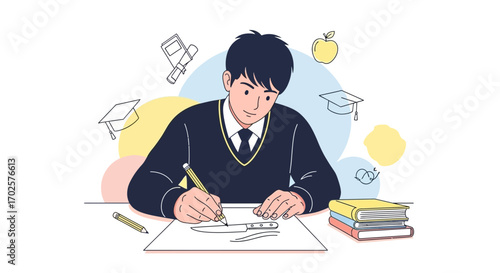 Student Drawing Culinary Tool Amid Educational Symbols and Themed Elements and Composition