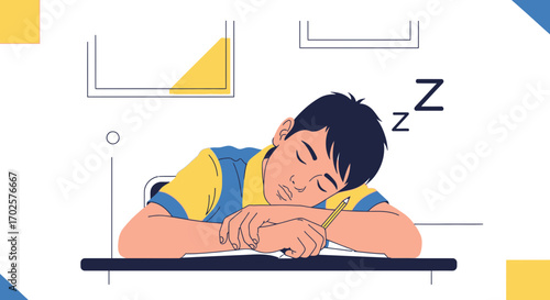 Student Exhaustion: A Young Person's Nap at His Desk, Illustrating Sleepiness