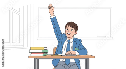 Student Enthusiastically Raises His Hand In Classroom To Answer Or Pose a Question