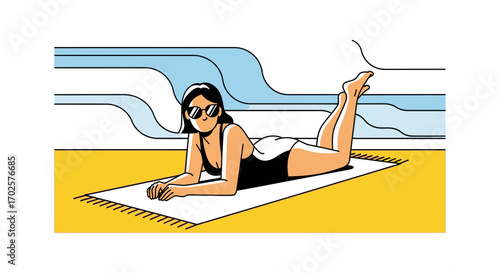Relaxing In The Sun: A Woman Lounging On Beach, Enjoying A Sunny Day By The Sea