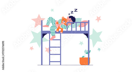 Relaxing Kid Sleeping Peacefully on a Bunk Bed Embracing His Teddy Bear