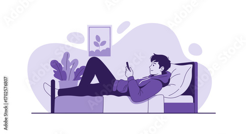 Relaxing Time: Man Reclining On Bed While Engaging With Mobile Phone