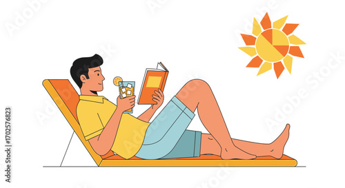 Relaxing Summertime Bliss: A Man Enjoying a Drink While Reading Outdoors in Sunshine