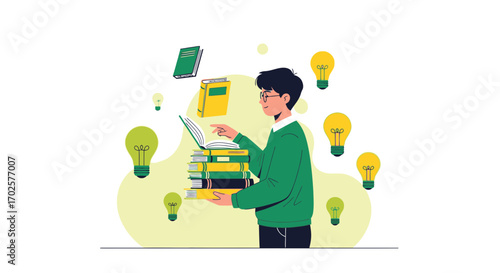 Student Reading Books And Generating New Ideas And Knowledge With Creative Light