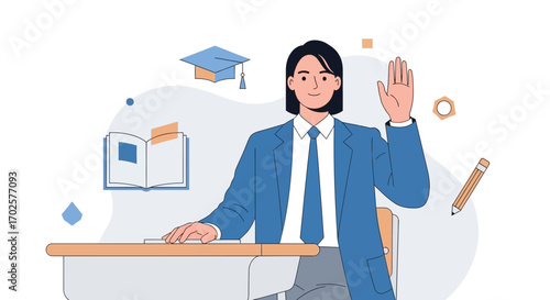 Student With Hand Raised In Classroom And Educational Elements Illustration