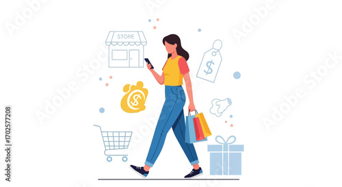Retail Digital Shopping Experience Depicted With Modern Illustration And Cartoons Elements