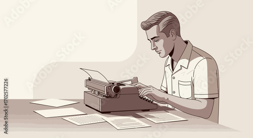 Retro Writer Working On Typewriter, Vintage Look Depicting Male Doing Editorial Work