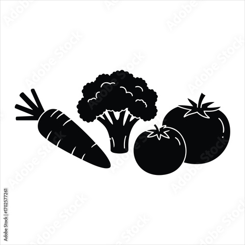 Silhouette of fresh broccoli carrot and tomato healthy vegetables for cooking ingredients and nutrition