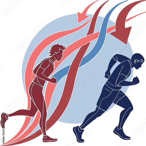 Runners in Dynamic Motion with Arrows, Athletes Running with Directional Flow, Male and Female Runners Racing Illustration, Sports Performance and Energy Flow
