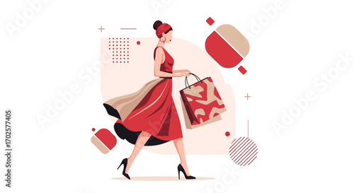 Stylish Woman Carrying Shopping Bags With Elegant Dress and Accessories with a Dynamic Look