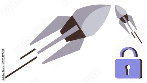 Abstract rocket soaring into space beside a secure padlock symbolizing progress and security. Ideal for technology, innovation, cybersecurity, startup, aerospace, encryption, simple flat metaphor