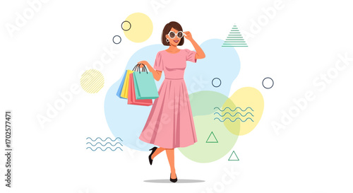 Stylish Woman Enjoying Shopping With Modern Geometric Shapes and Color Palette