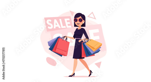 StylishShopper Enjoys Discount Season With Bags Of Bought Items And Smiling
